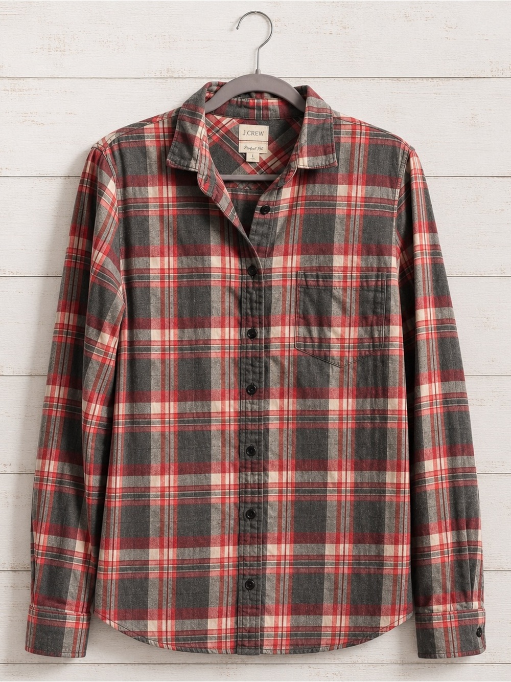 J. Crew Perdect Fit. Size L. pink and gray , Gray/Cream Plaid Button-Down